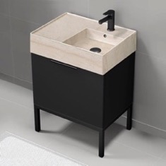 Modern Small Black Bathroom Vanity, 24 inch, Travertine Style Sink, Free Standing